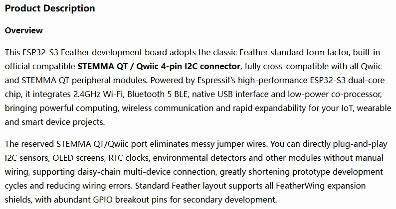 1PCS ESP32-S3 Feather Development Board Compatible with STEMMA QT & Qwiic I2C Expansion Interface