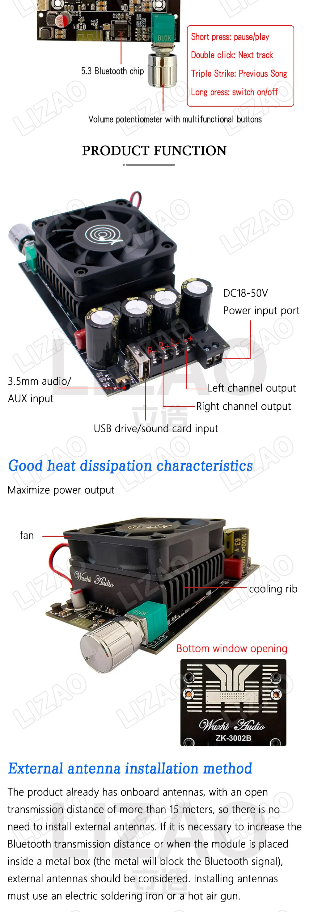ZK-3002 TPA3255 Bluetooth 5.3 Digital Amplifier Board 300W×2 Dual Channel Audio Power Amp Module