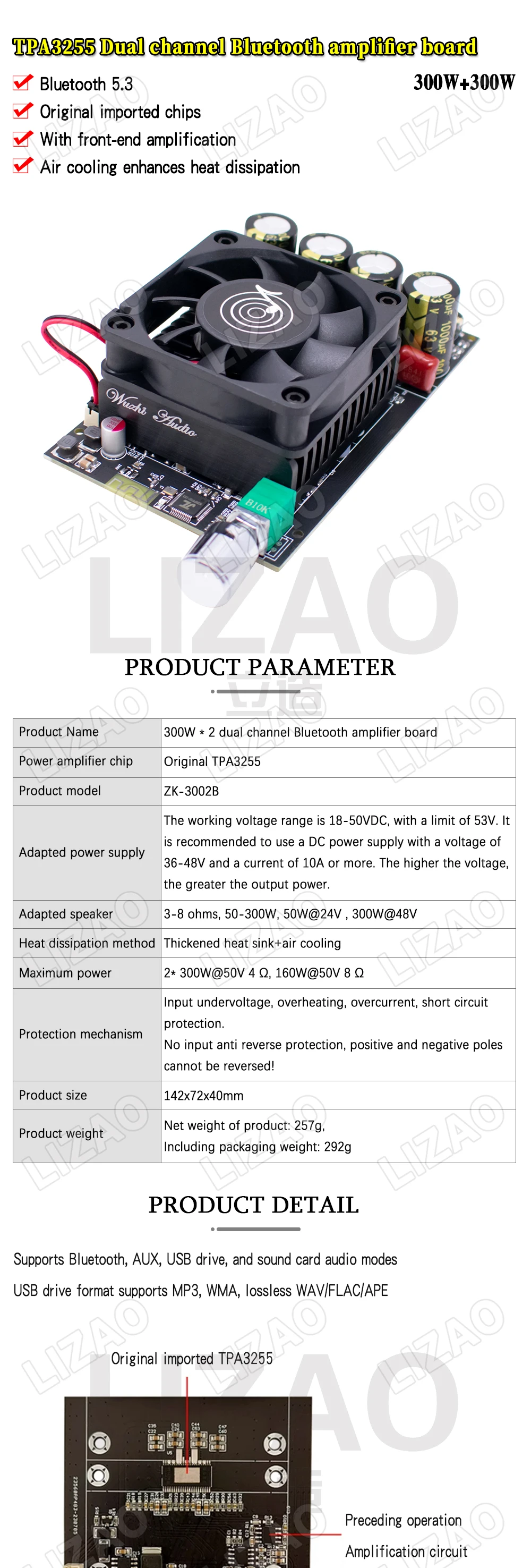 ZK-3002 TPA3255 Bluetooth 5.3 Digital Amplifier Board 300W×2 Dual Channel Audio Power Amp Module