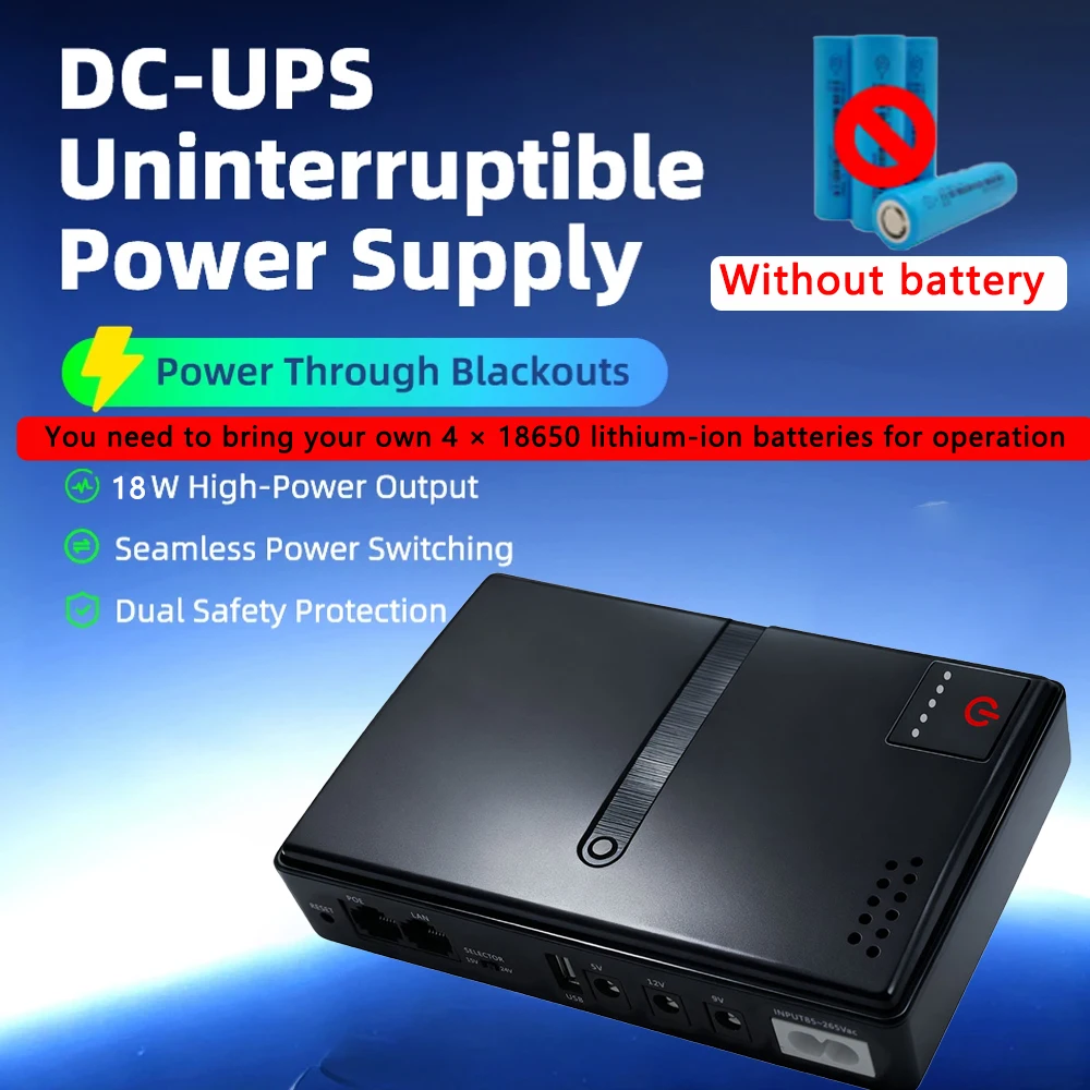 Emergency UPS 5V-24V Adjustable DC Output 0.6A-2A Charger Without 18650 Batteries Desgin for Router CCTV EU Plug AC85-265V Input