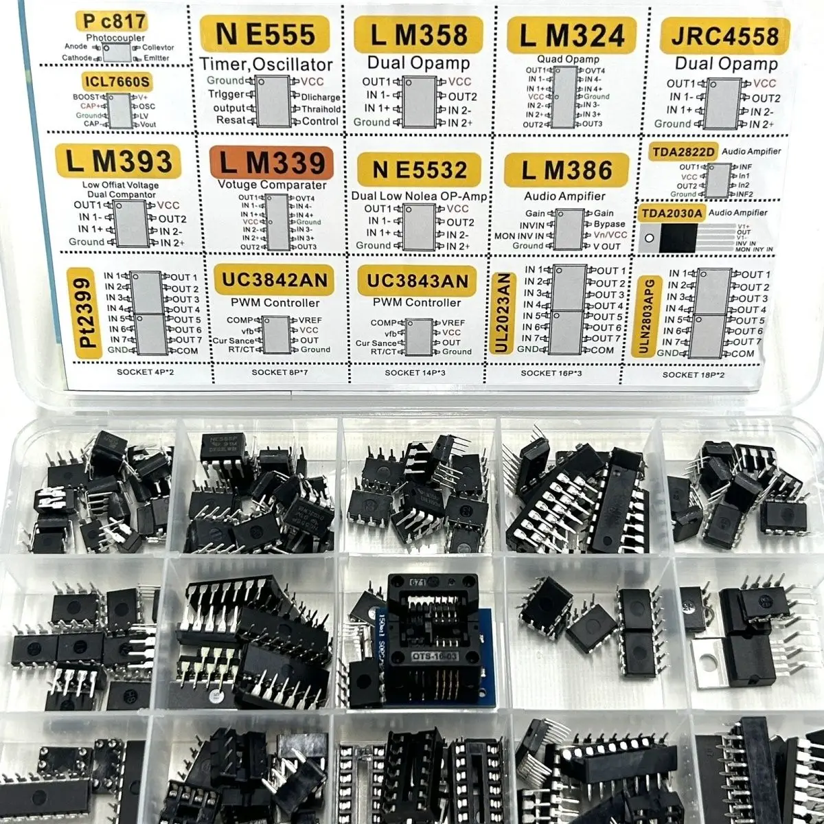 150Pcs Assorted IC Chip Kit Op-Amp Oscillator PC817 NE555 LM358 LM324 Transistor Array Electronic Components Set with Sockets