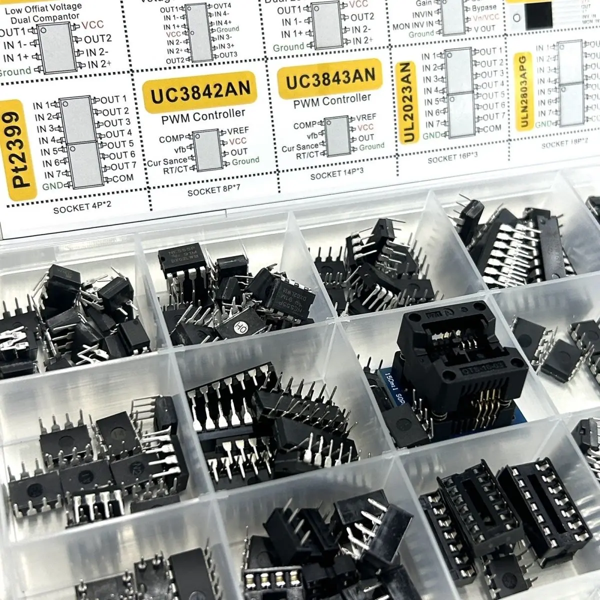150Pcs Assorted IC Chip Kit Op-Amp Oscillator PC817 NE555 LM358 LM324 Transistor Array Electronic Components Set with Sockets