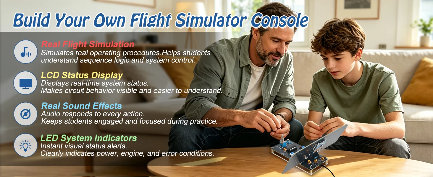 DIY Flight Simulator Console Soldering Kit with LCD Display Sound Effect LED Indicators STEM Electronics Learning Kit for School