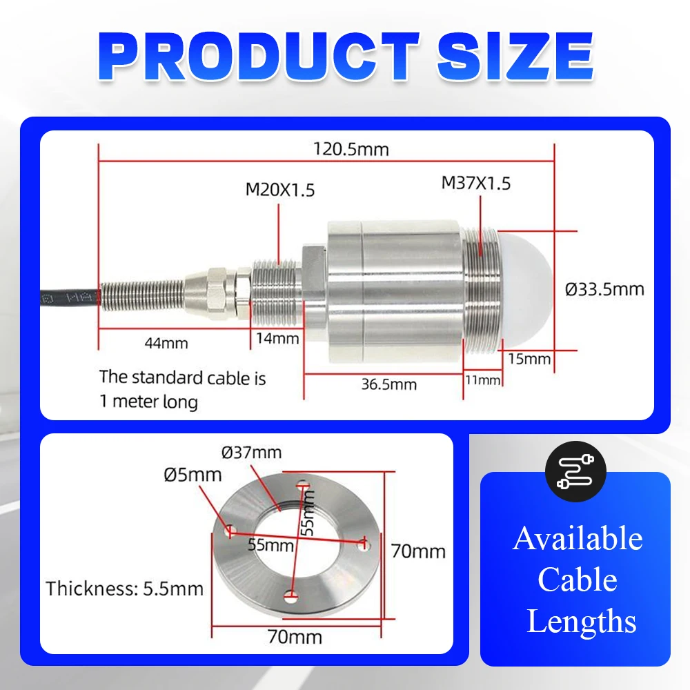 Ultrasonic Level Sensor 80GHz Radar Level Gauge Non-Contact Distance Measurement 3M 7M 12M RS485 4-20mA Output DC 5-28V