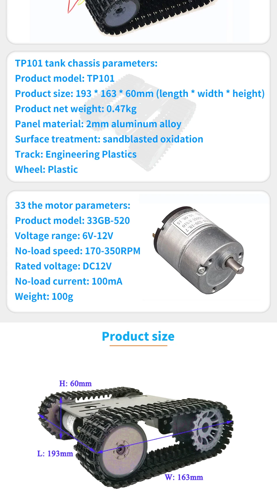 TP101 Metal Smart Crawler Robot Tank Chassis Kit With 33GB-520 12V DC Motor Aluminum Alloy Panel DIY For Arduino Toy