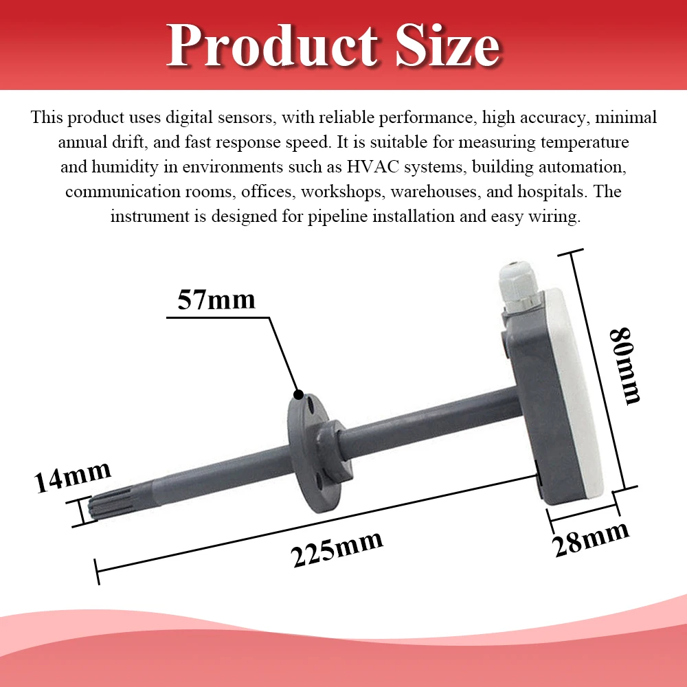 Temperature and Humidity Pipe Sensor Transmitter Industrial RS485 0-2V 0-5V 0-10V 4-20MA Output High Precision DC10-30V