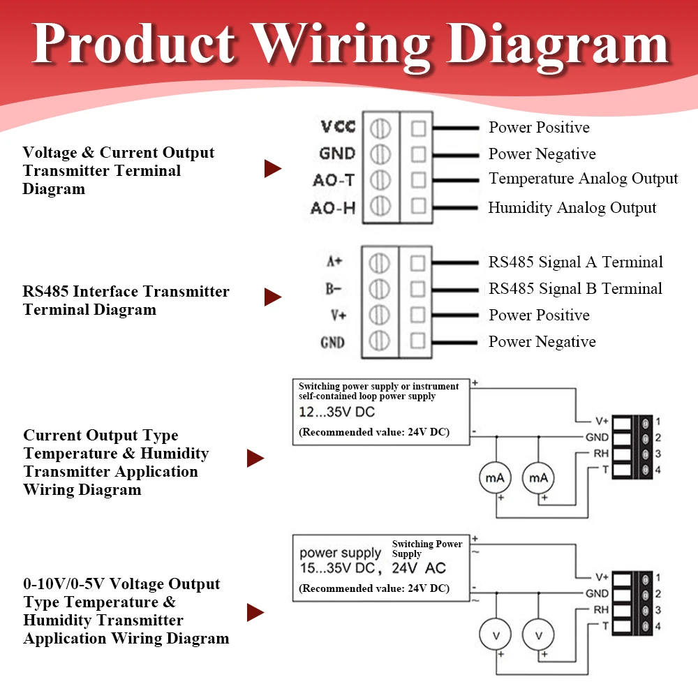 Temperature and Humidity Pipe Sensor Transmitter Industrial RS485 0-2V 0-5V 0-10V 4-20MA Output High Precision DC10-30V