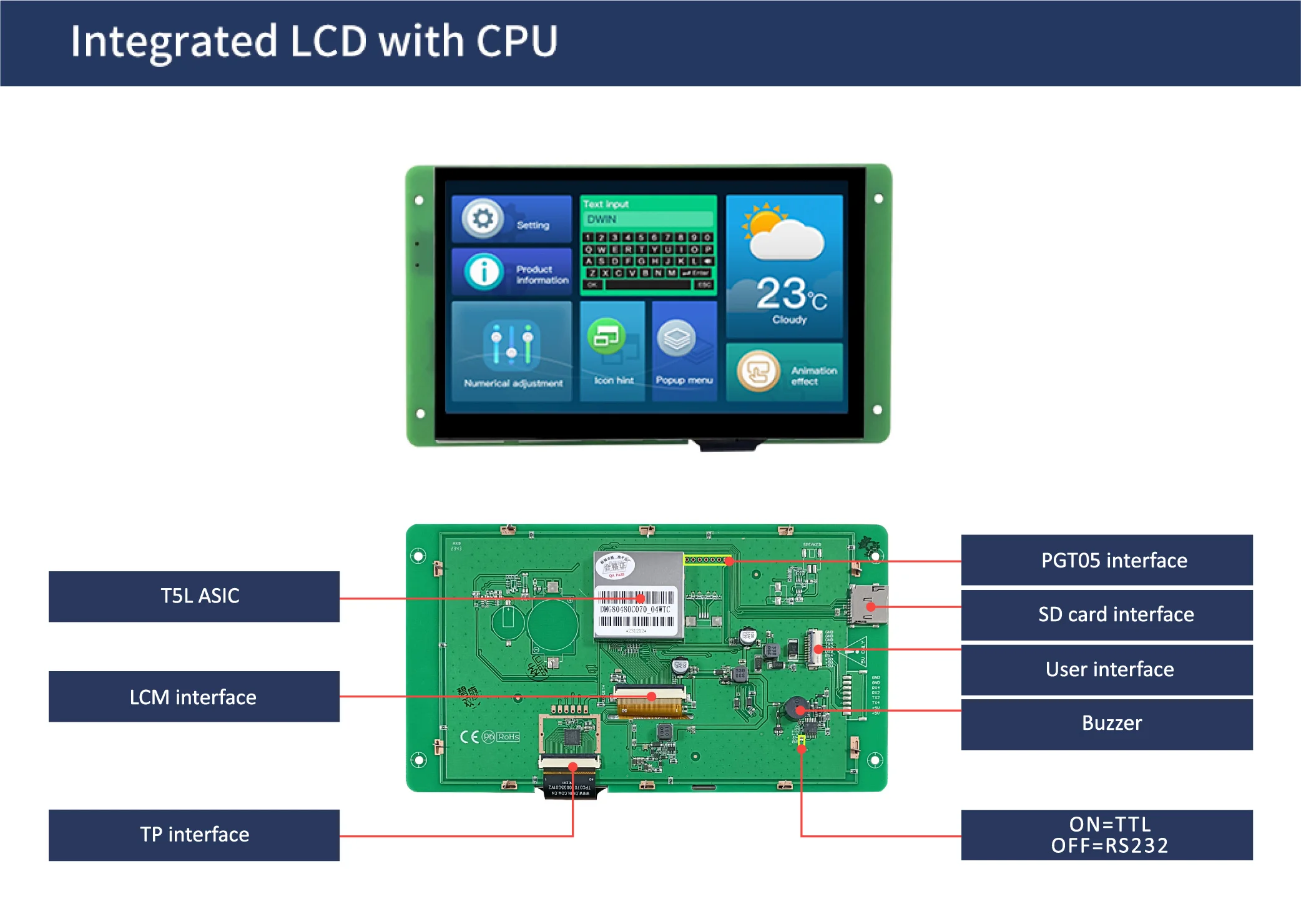 DWIN 7 Inch 800*480 TFT LCD Display Module Capacitive/Resistive TTL/RS232 Commercial Smart Screen For Arduino DMG80480C070_04W