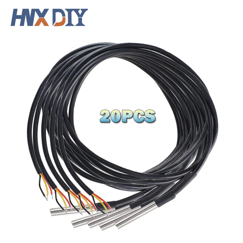 20pcs DS18b20 Waterproof Encapsulated Stainless Steel DS18B20 18B20 Temperature Sensor Probe Cable Length 1m 2m 3m 5m 500cm