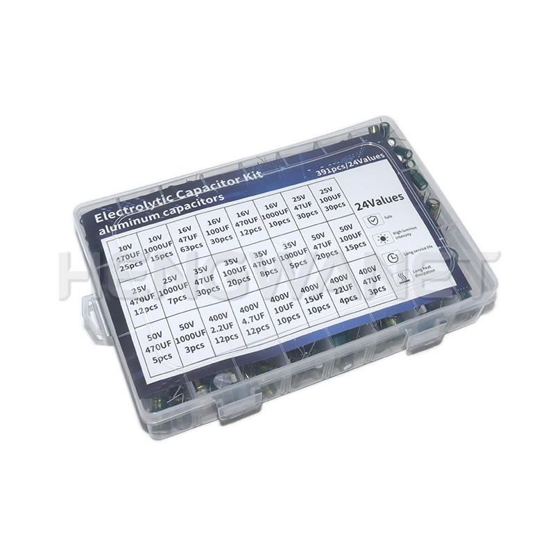 391pcs 24values Electrolytic Capacitor Kit High Frequency Assortment 10v 16v 25v 35v 50v 400v 10uf 100uf 470uf 1000uf