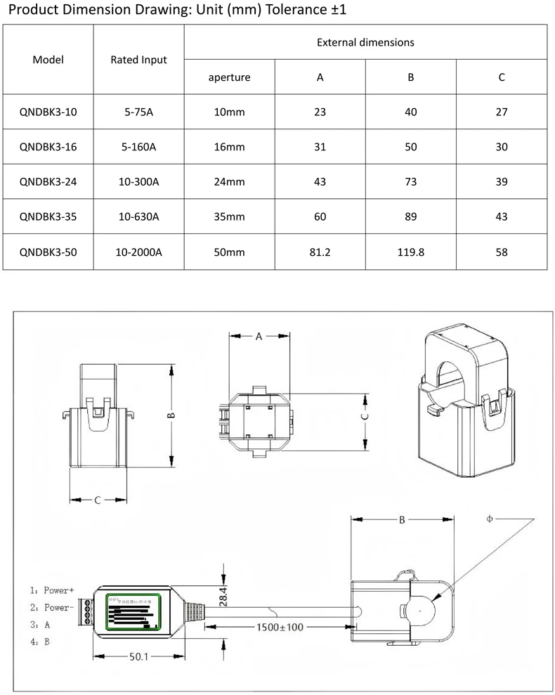 Split Core Current Sensor QNDBK3-16 Ac 150A 100A 50A 63A 20A 10A RS485 Clamp Ct Transformer Open Tpye Current Transducer Modbus