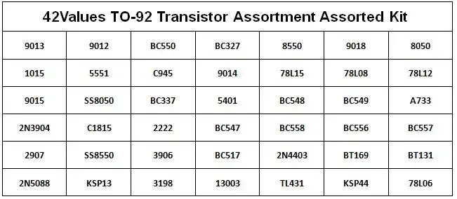 42Values Transistors Kit NPN PNP S8050 S8550 S9012 2N3904 2N3906 C1815 A1015 MJE13001 BC327 BC337 BC517 BC547 BC548 BC549 BC558