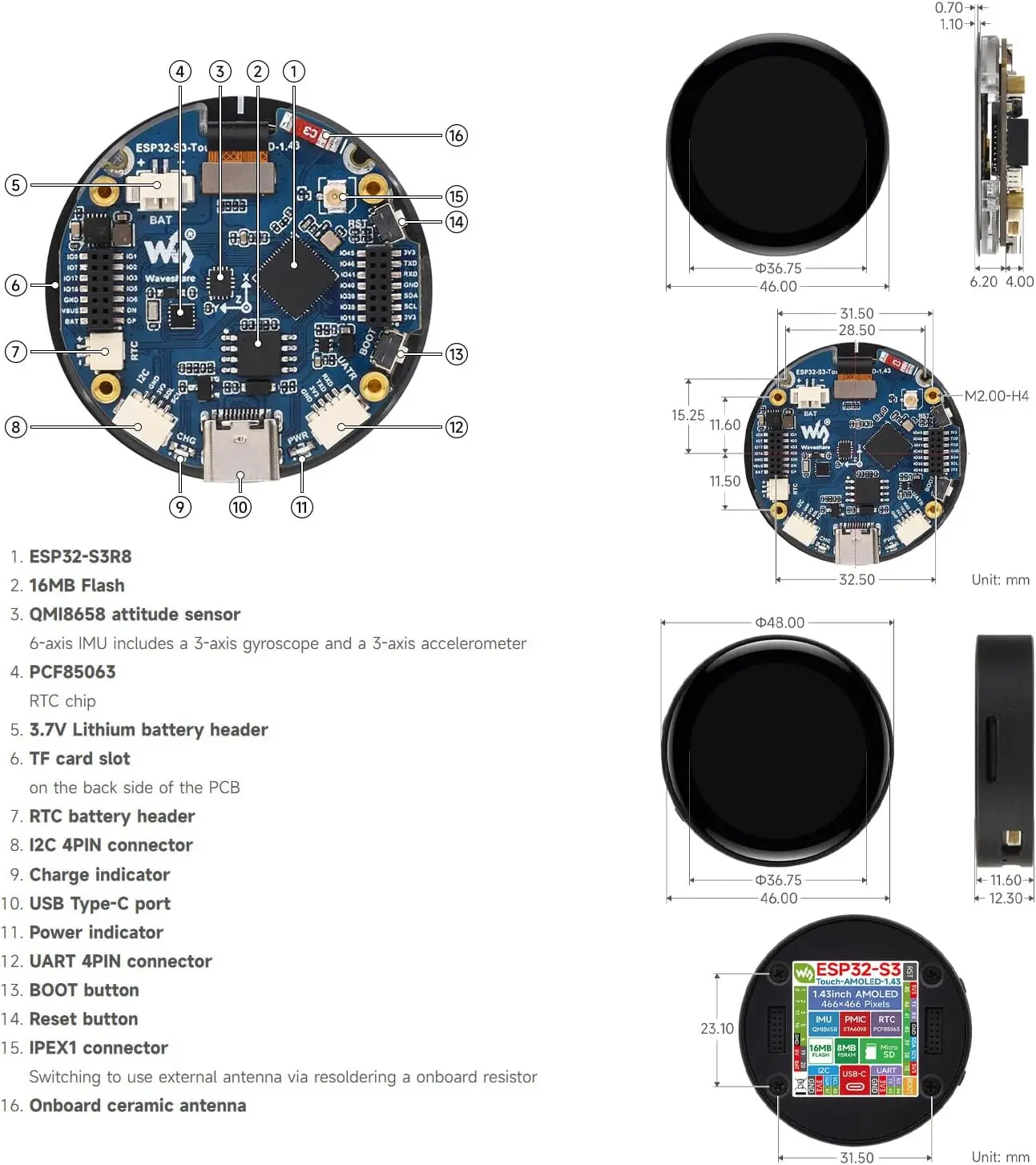 Waveshare ESP32-S3 1.43inch AMOLED Touchscreen Development Board 466x466 Round Display ESP32 Display HMI LVGL GUI Development