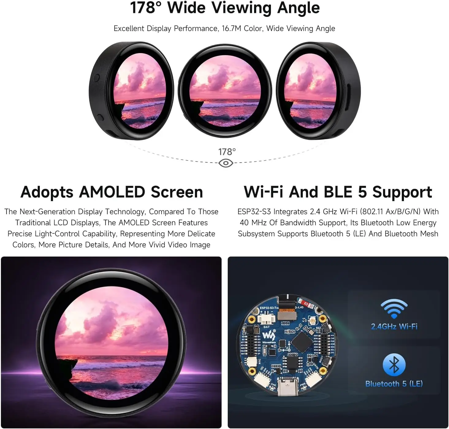 Waveshare ESP32-S3 1.43inch AMOLED Touchscreen Development Board 466x466 Round Display ESP32 Display HMI LVGL GUI Development