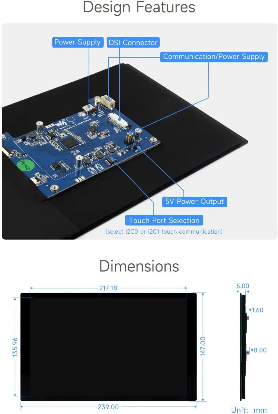 Waveshare 10.1 inch IPS Capacitive Touchscreen DSI Display 1280x800 Pixel 10-point Touch for Raspberry Pi 5/4B/3B+/3A+, CM3/3+/4