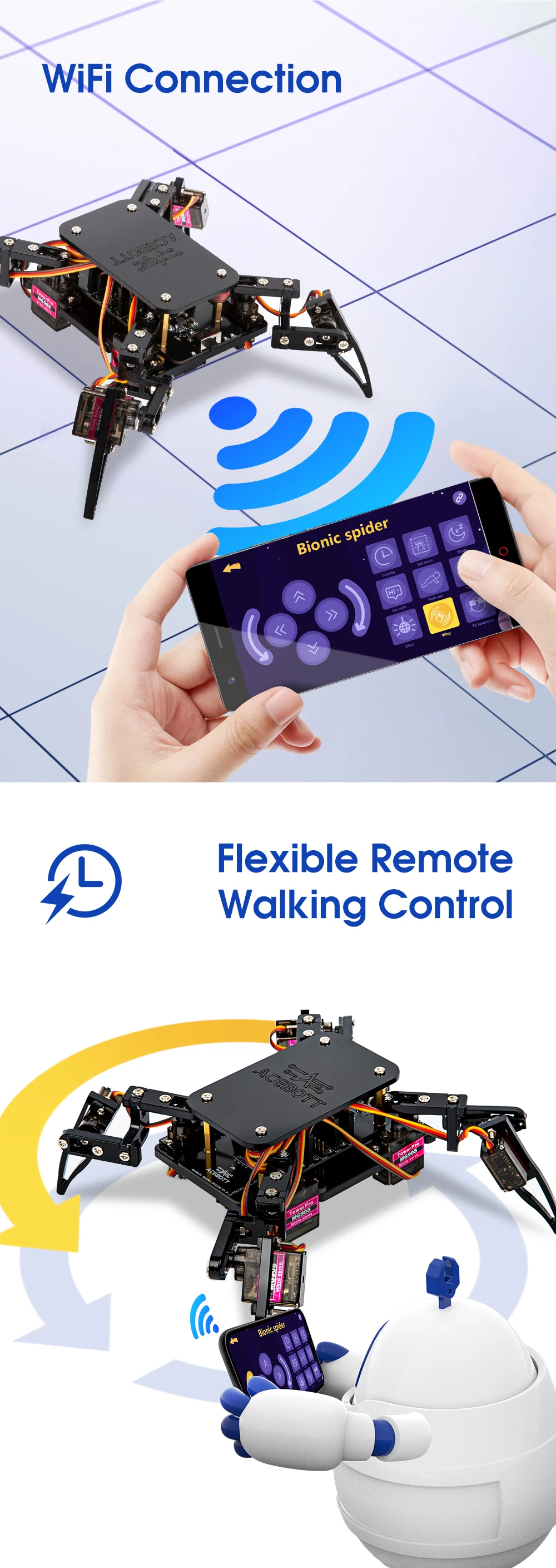 ACEBOTT ESP8266 Bionic Quadruped Spider Robot Kit App Remote Control Walking Crawling STEM Robotics Project for Arduino ESP32