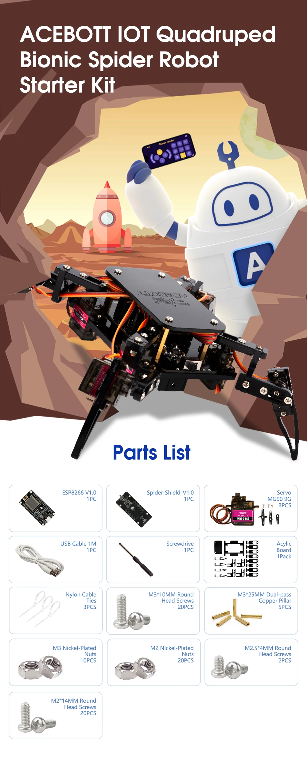 ACEBOTT ESP8266 Bionic Quadruped Spider Robot Kit App Remote Control Walking Crawling STEM Robotics Project for Arduino ESP32