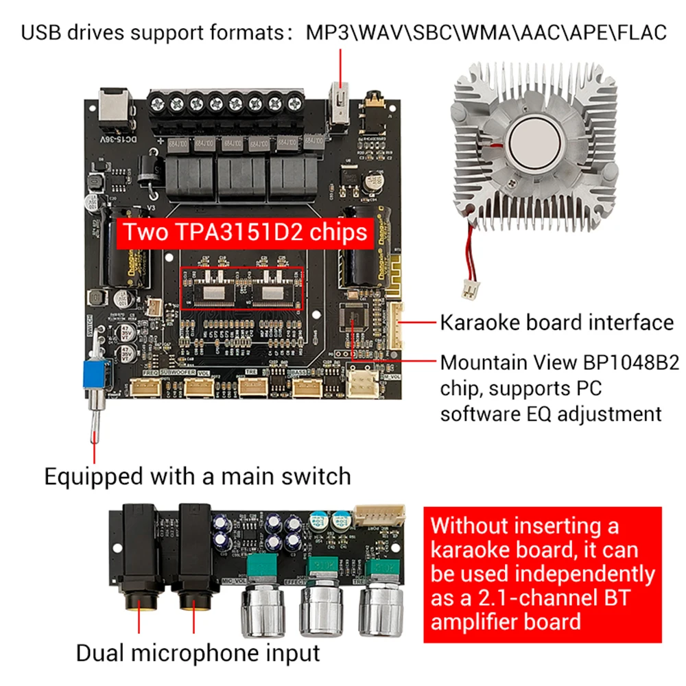 2.1 Channel Bluetooth 5.0 Subwoofer DC15-36V Amplifier Board 220WX2+350W Power Audio Stereo Amplifier Board Bass AMP AUX