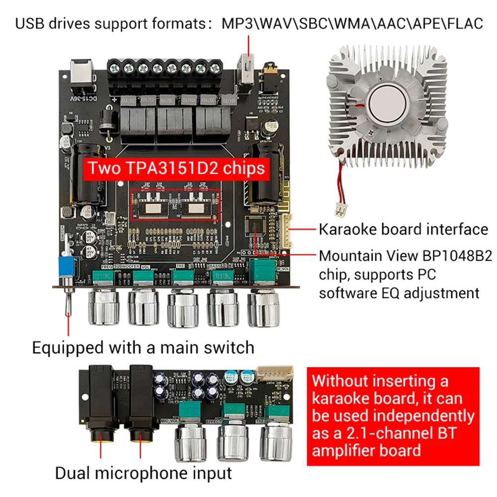 2.1 Channel Bluetooth 5.0 Subwoofer DC15-36V Amplifier Board 220WX2+350W Power Audio Stereo Amplifier Board Bass AMP AUX