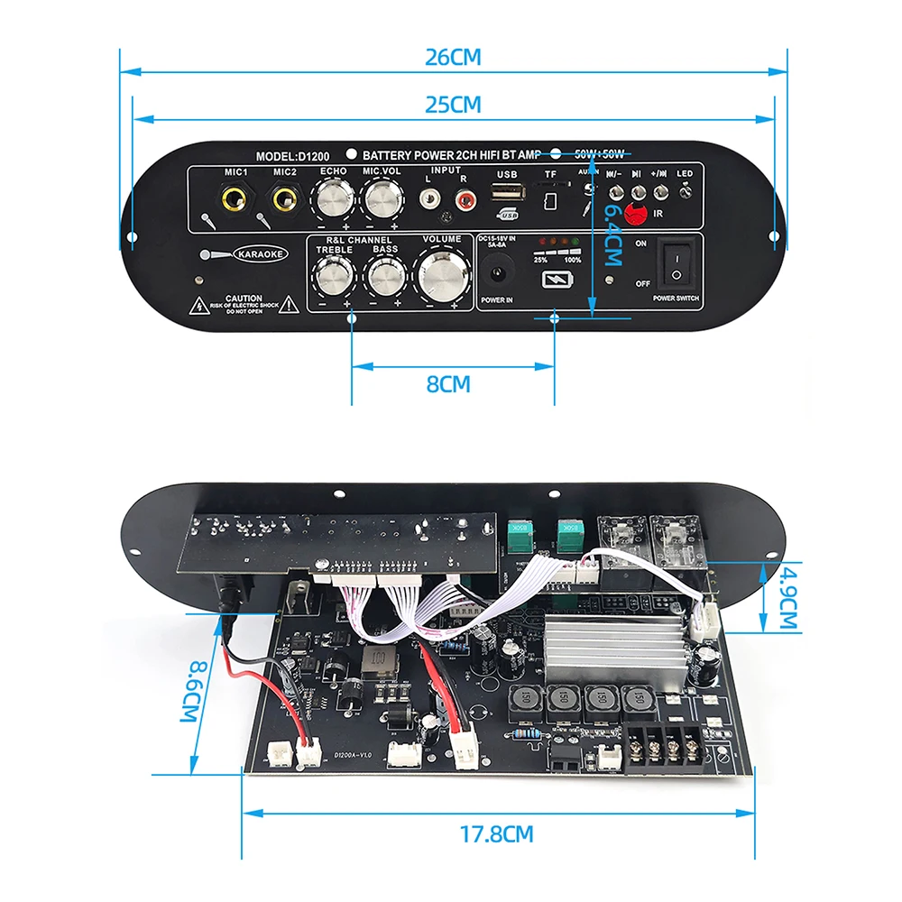 50W+50W Amplifier Board Bluetooth DIY D1200 2.0-Channel Amplifier Module DC15-18V Car AUX Player TF Card Slot USB FM with Mic