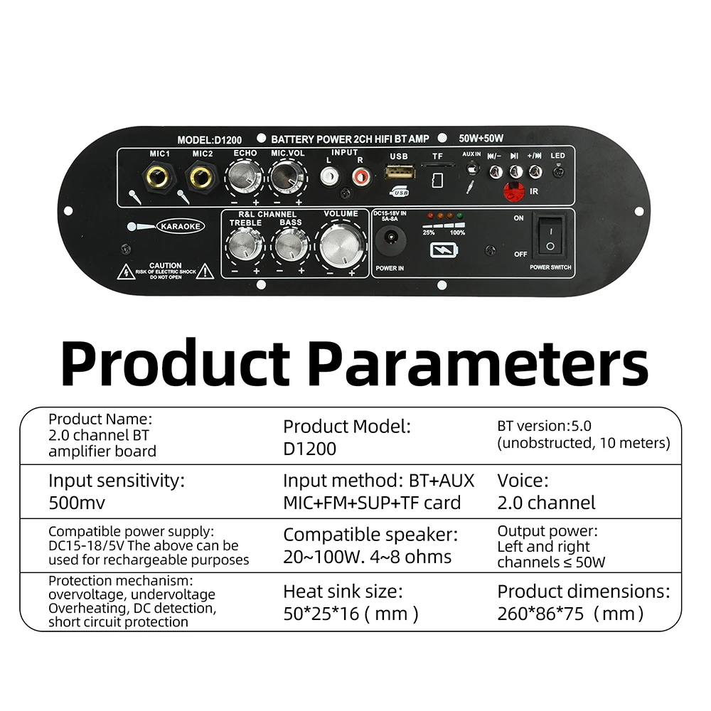 50W+50W Amplifier Board Bluetooth DIY D1200 2.0-Channel Amplifier Module DC15-18V Car AUX Player TF Card Slot USB FM with Mic