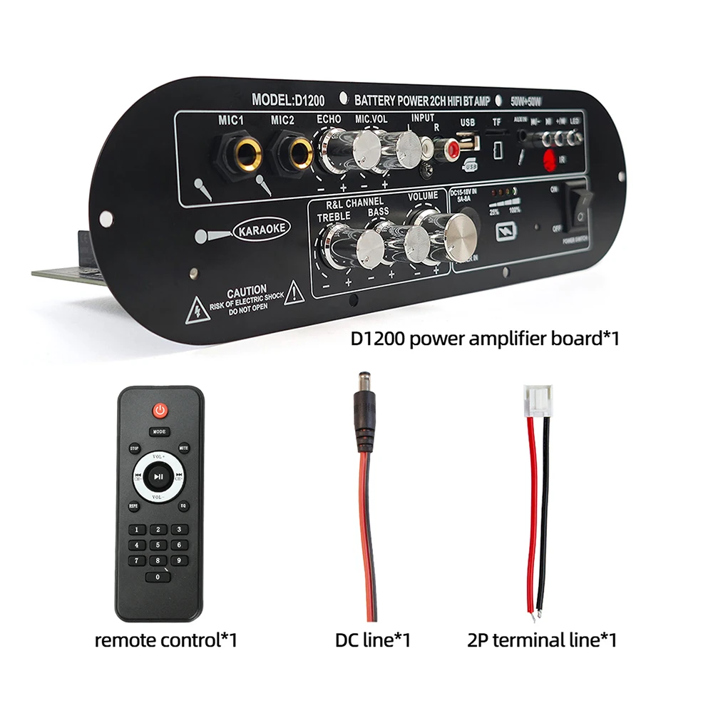 50W+50W Amplifier Board Bluetooth DIY D1200 2.0-Channel Amplifier Module DC15-18V Car AUX Player TF Card Slot USB FM with Mic