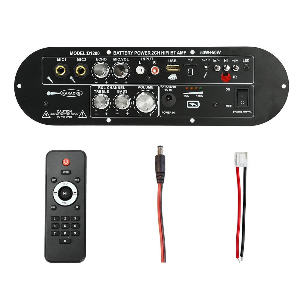 50W+50W Amplifier Board Bluetooth DIY D1200 2.0-Channel Amplifier Module DC15-18V Car AUX Player TF Card Slot USB FM with Mic