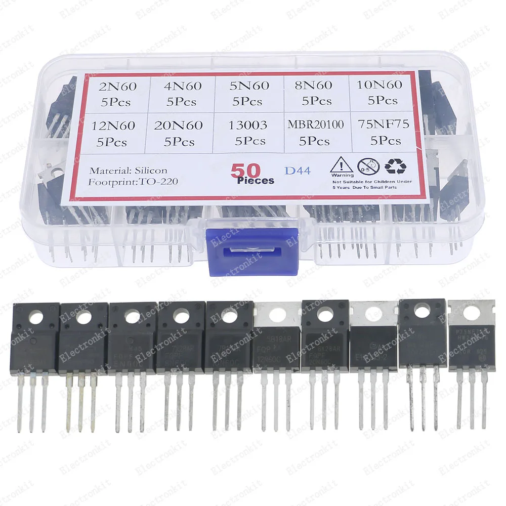 50Pcs 10Values TO-220 Mosfet Transistor Kit Box 2N60 4N60 5N60 8N60 10N60 12N60 20N60 13003 MBR20100 75NF75