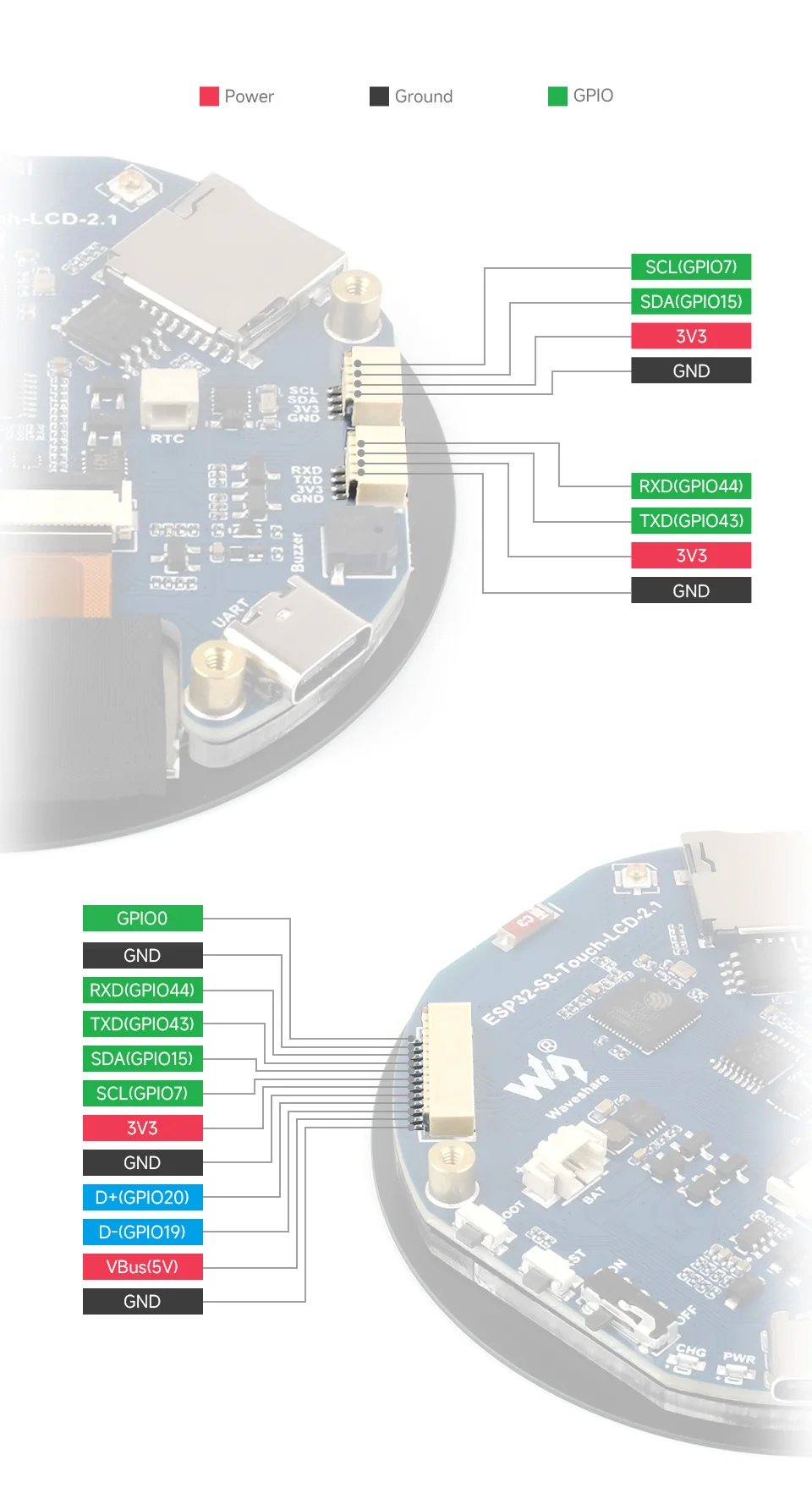 Waveshare ESP32-S3 2.1inch Capacitive Touch Round Display Development Board, 480×480, IPS, 32-bit LX7 Dual-core Processor