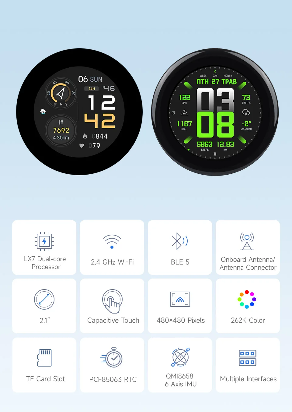 Waveshare ESP32-S3 2.1inch Capacitive Touch Round Display Development Board, 480×480, IPS, 32-bit LX7 Dual-core Processor