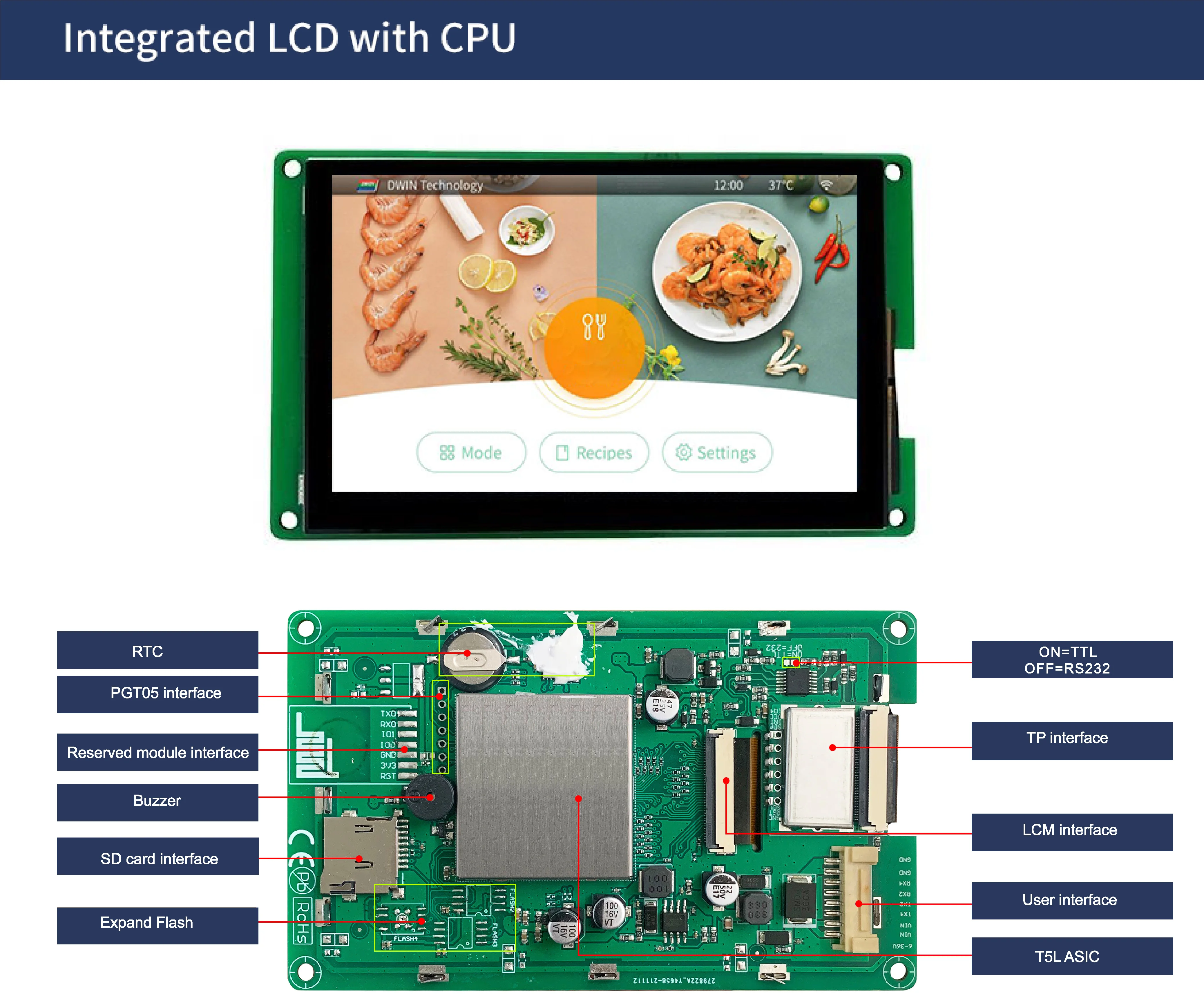 DWIN 4.3 Inch 800x480 TFT LCD Display Module IPS Industrial Grade HMI TTL/RS232 High Brightness Touch Screen DMG80480T043_09W