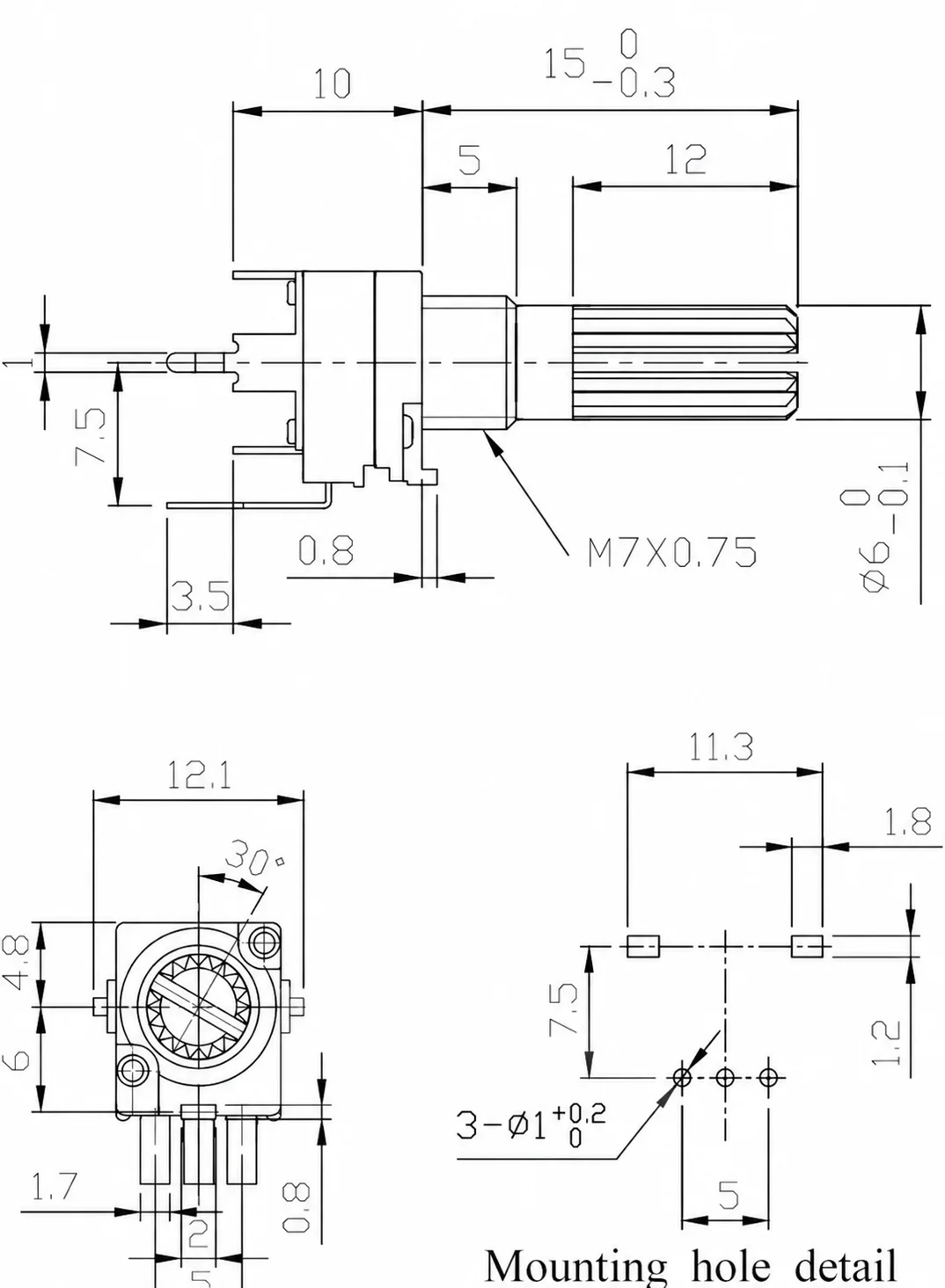100PCS RK097 15mm Shaft Precision Logarithmic (Audio Taper) Potentiometer Vertical Single Turn D-Axis A5K A50K A100K A500K
