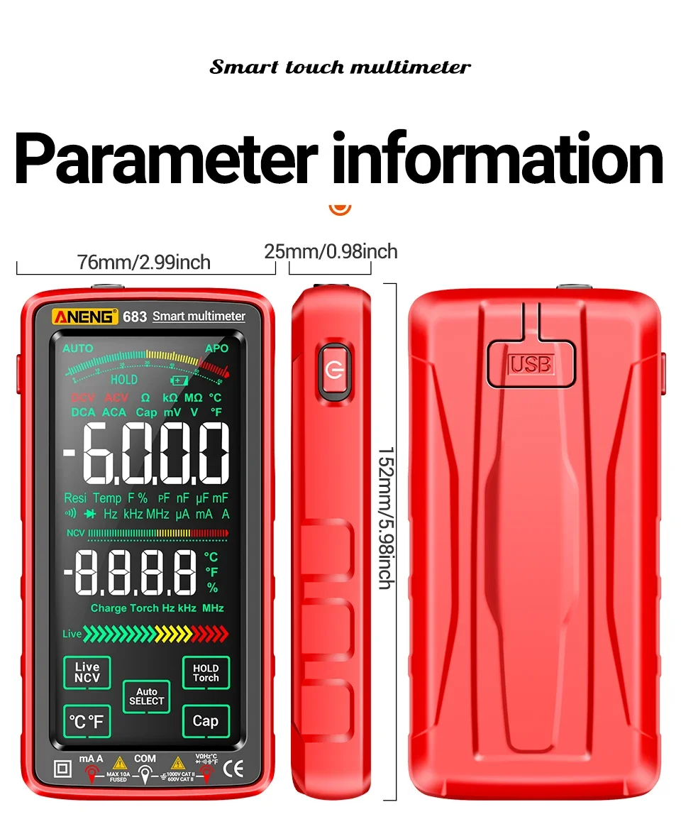 ANENG 683 Pro Digital Multimeter High-end Touch 6000 Counts Rechargeable DC Voltage Tester Current MeterOhm Diode Measuring tool
