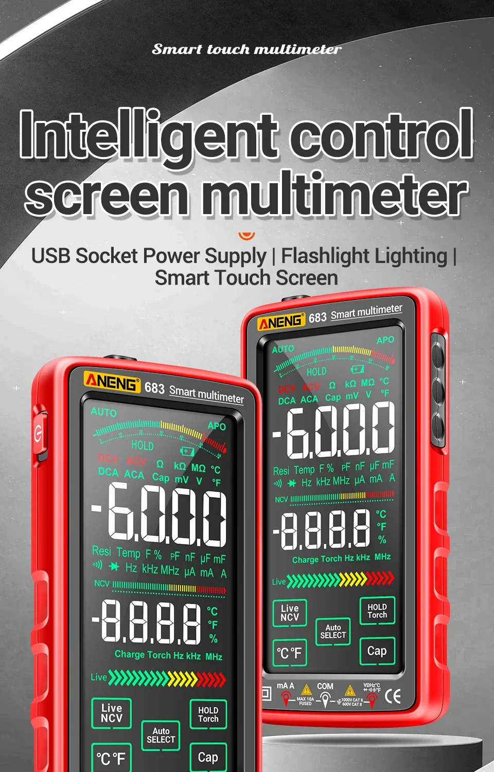 ANENG 683 Pro Digital Multimeter High-end Touch 6000 Counts Rechargeable DC Voltage Tester Current MeterOhm Diode Measuring tool