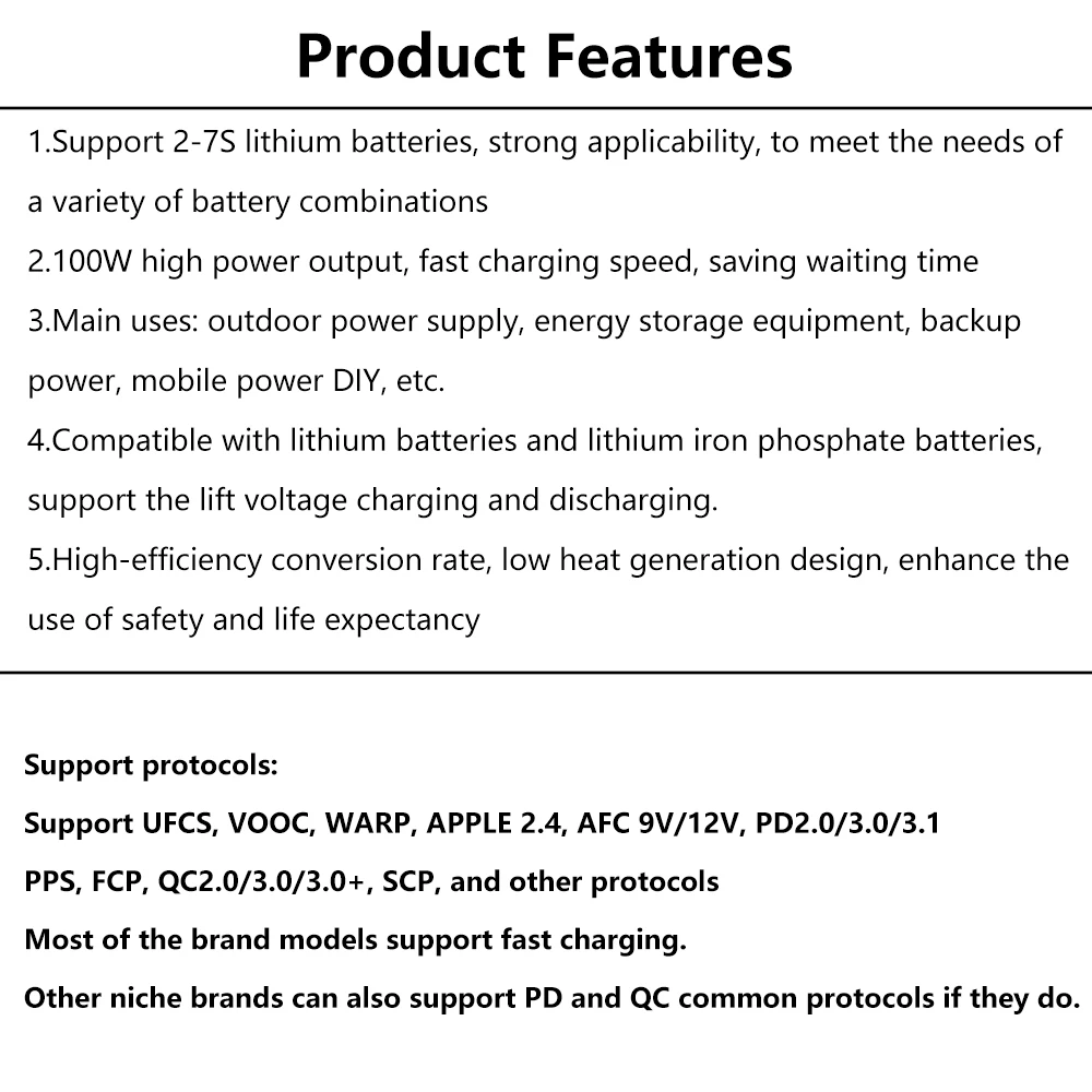 2-7S DC 5-20V 100W Fast Battery Charger Module PD Decoy Lithium Battery Charger Support PD2.0/3.0/3.1 PPS FCP QC2.0/3.0/3.0+ SCP