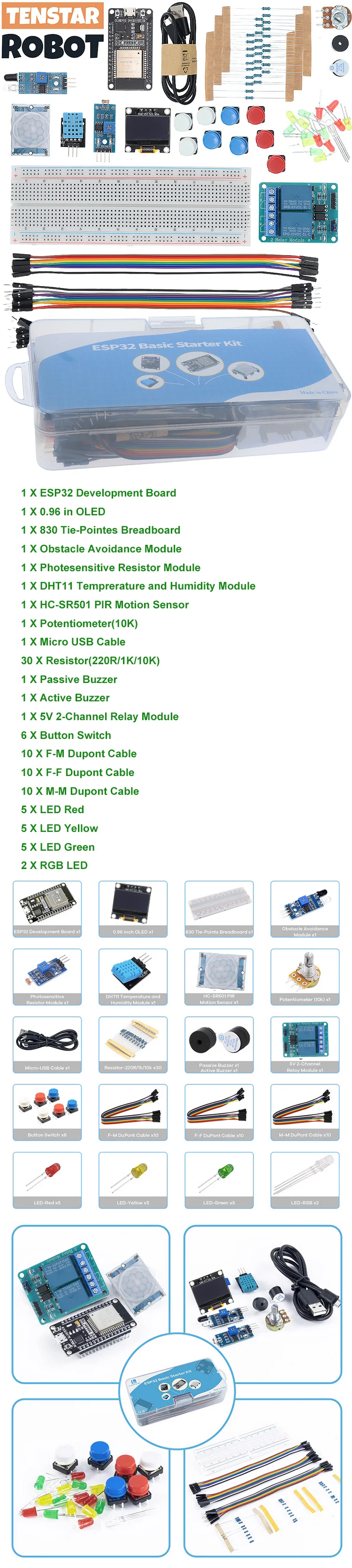 Basic Starter Kit for ESP32 ESP-32S WIFI Development Board for Arduino Project Learning Kit with Tutorials ESP32 kit with box
