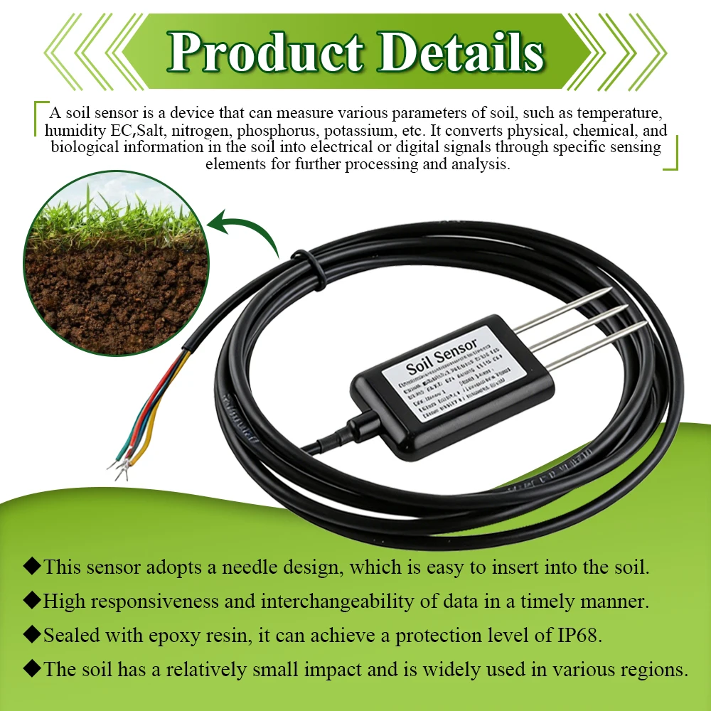 Soil Temperature Humidity Sensor Probe RS485 Output 0-5V 0-10V 4-20mA Analog Soil Moisture Detector Sensors IP68 Protection
