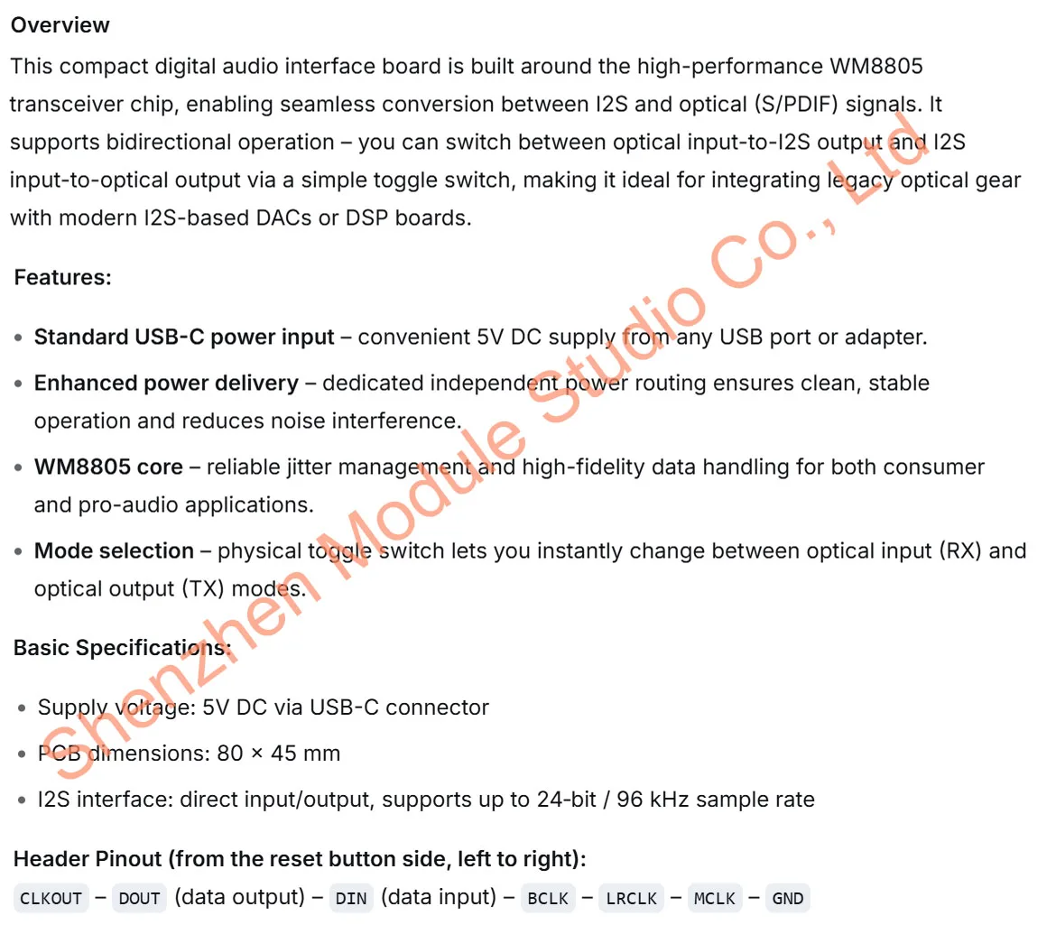 WM8805 S/PDIF I2S to Optical Fiber Converter Board, USB-C Powered Digital Audio Interface Module, Bidirectional RX/TX Switchable