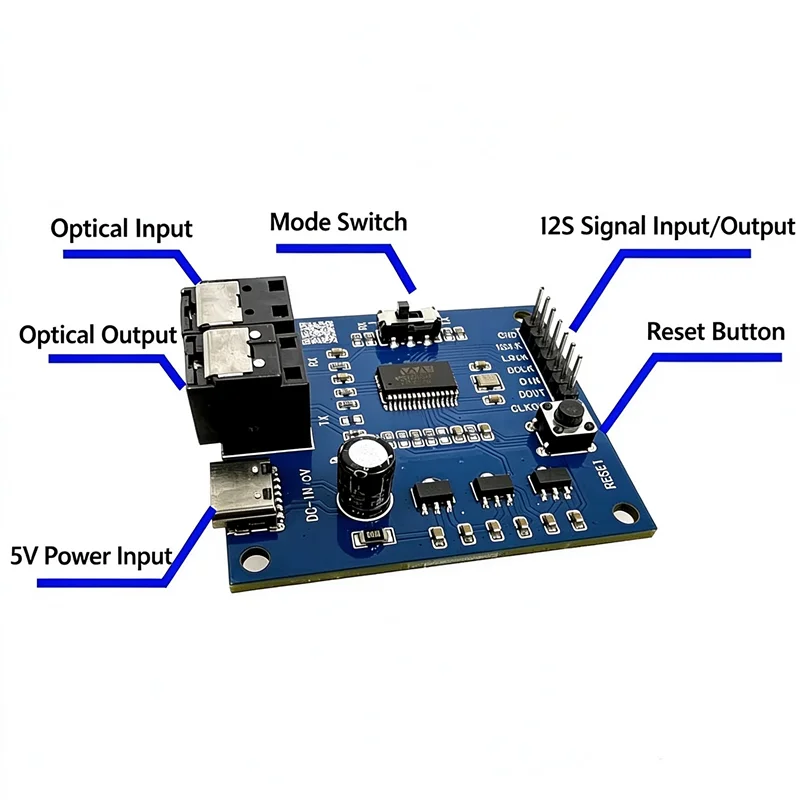 WM8805 S/PDIF I2S to Optical Fiber Converter Board, USB-C Powered Digital Audio Interface Module, Bidirectional RX/TX Switchable