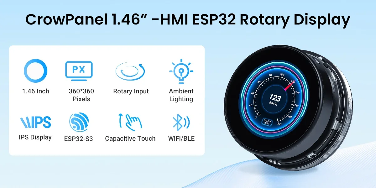 Elecrow CrowPanel 1.46'' ESP32 Rotary Display 360×360 IPS Round Touch Knob Screen WiFi BLE HMI Module for Arduino LVGL