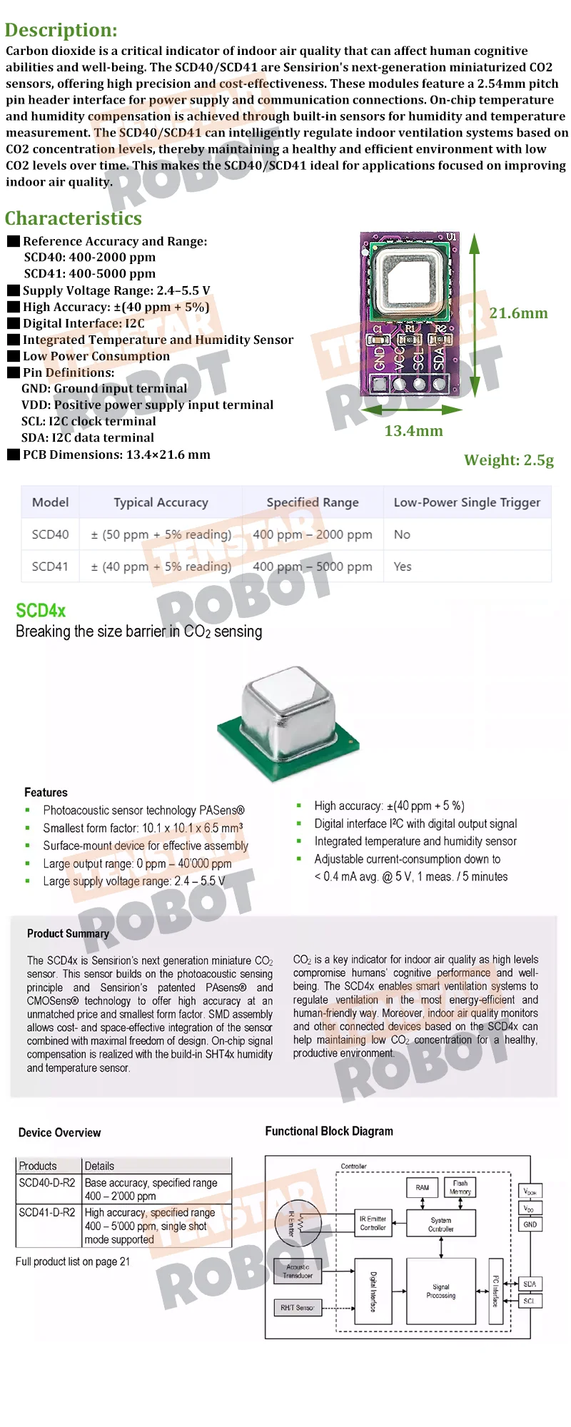 TENSTAR SCD40 SCD41 Gas Sensor Module 2.4-5.5V Detects CO2 Carbon Dioxide Temperature and Humidity Sensor I2C Communication