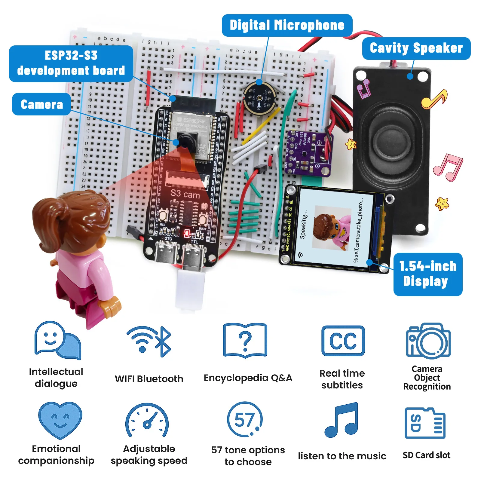 Keyestudio 1.54 inch Xiao Zhi AI Chatbot Breadboard DIY Kit For ESP32 S3 With Camera DIY Emotional Communication Learning Kit