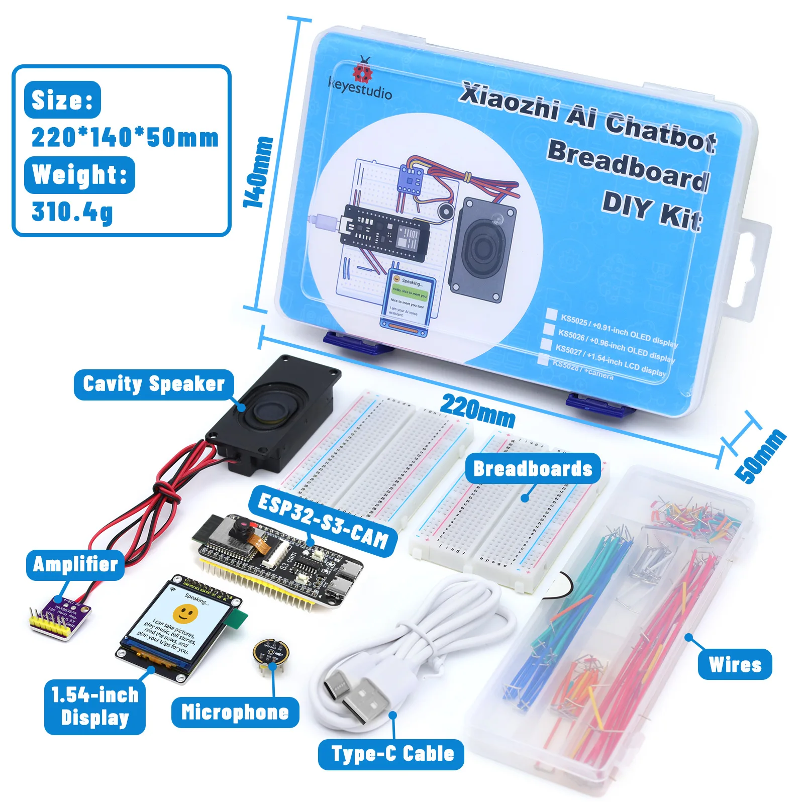 Keyestudio 1.54 inch Xiao Zhi AI Chatbot Breadboard DIY Kit For ESP32 S3 With Camera DIY Emotional Communication Learning Kit