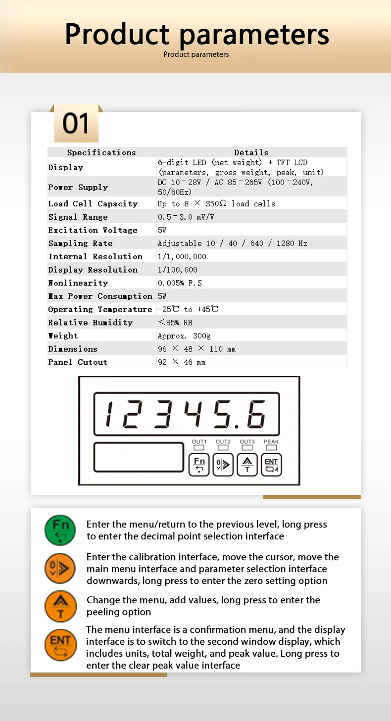 Digital Weight Indicator, 0-5V/4-20mA Analog Output, RS485 Communication, 3 Relays, Precise Sampling Frequency Selection