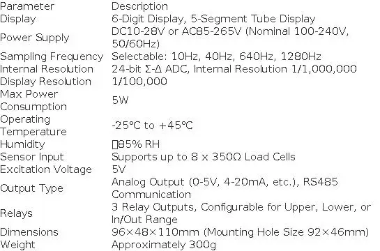 Digital Weight Indicator, 0-5V/4-20mA Analog Output, RS485 Communication, 3 Relays, Precise Sampling Frequency Selection