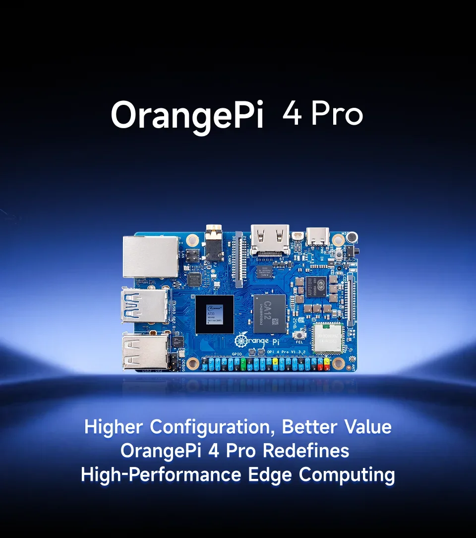 BoaMasMOrange Pi 4 Pro 4GB LPDDR5 + Power Supply Development Board Allwinner A733 Chip 3Tops NPU Wi-Fi6.0+BT5.4 M.2 M-Key Slot