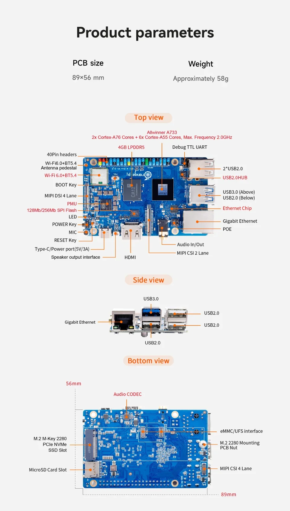 BoaMasMOrange Pi 4 Pro 4GB LPDDR5 + Power Supply Development Board Allwinner A733 Chip 3Tops NPU Wi-Fi6.0+BT5.4 M.2 M-Key Slot