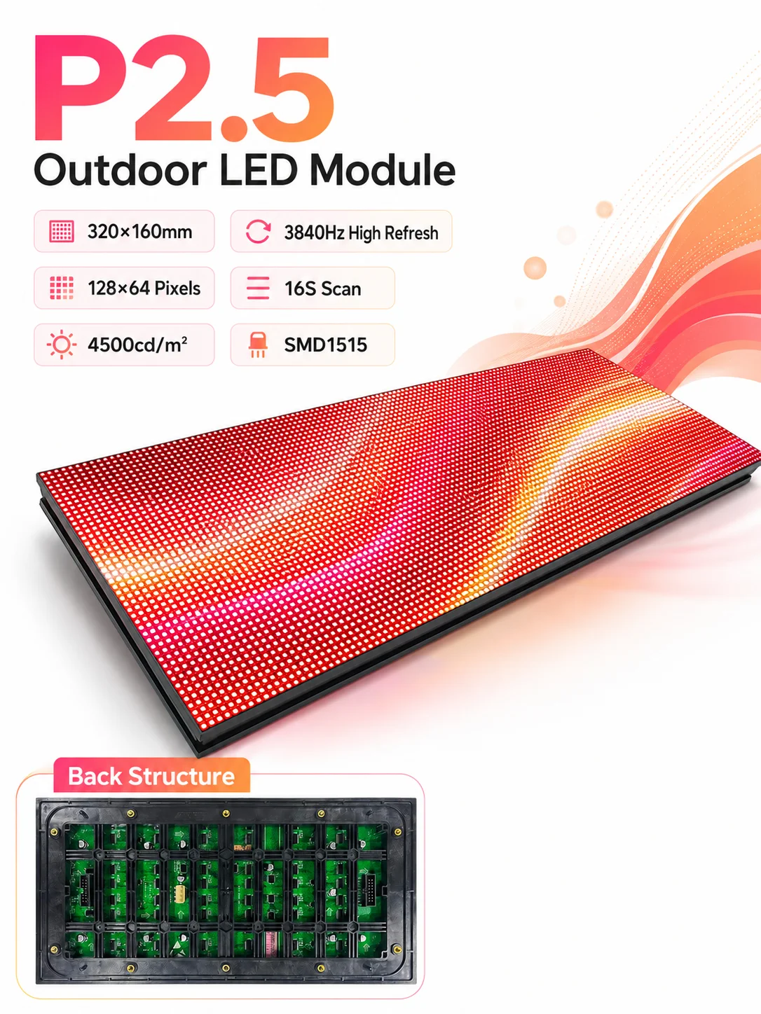 Outdoor P2.5 Full Color LED Display Module SMD RGB 3 In 1 P2.5 LED Panel 128*64 Pixel 1/16 Scan 320mm x 160mm LED Screen Module
