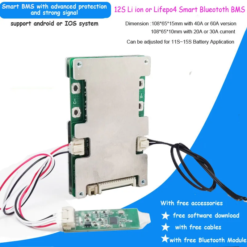 12S Li ion Battery Smart BMS with 20A 30A 40A 60A constant discharge current for 50.4V lithium bluetooth PCB