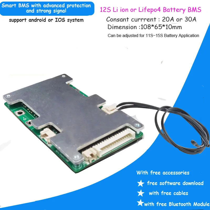 12S Li ion Battery Smart BMS with 20A 30A 40A 60A constant discharge current for 50.4V lithium bluetooth PCB